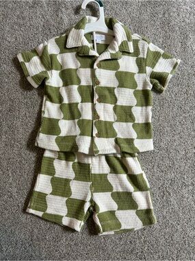 Greyson Mink Olive Green & Cream Check Waffle Set